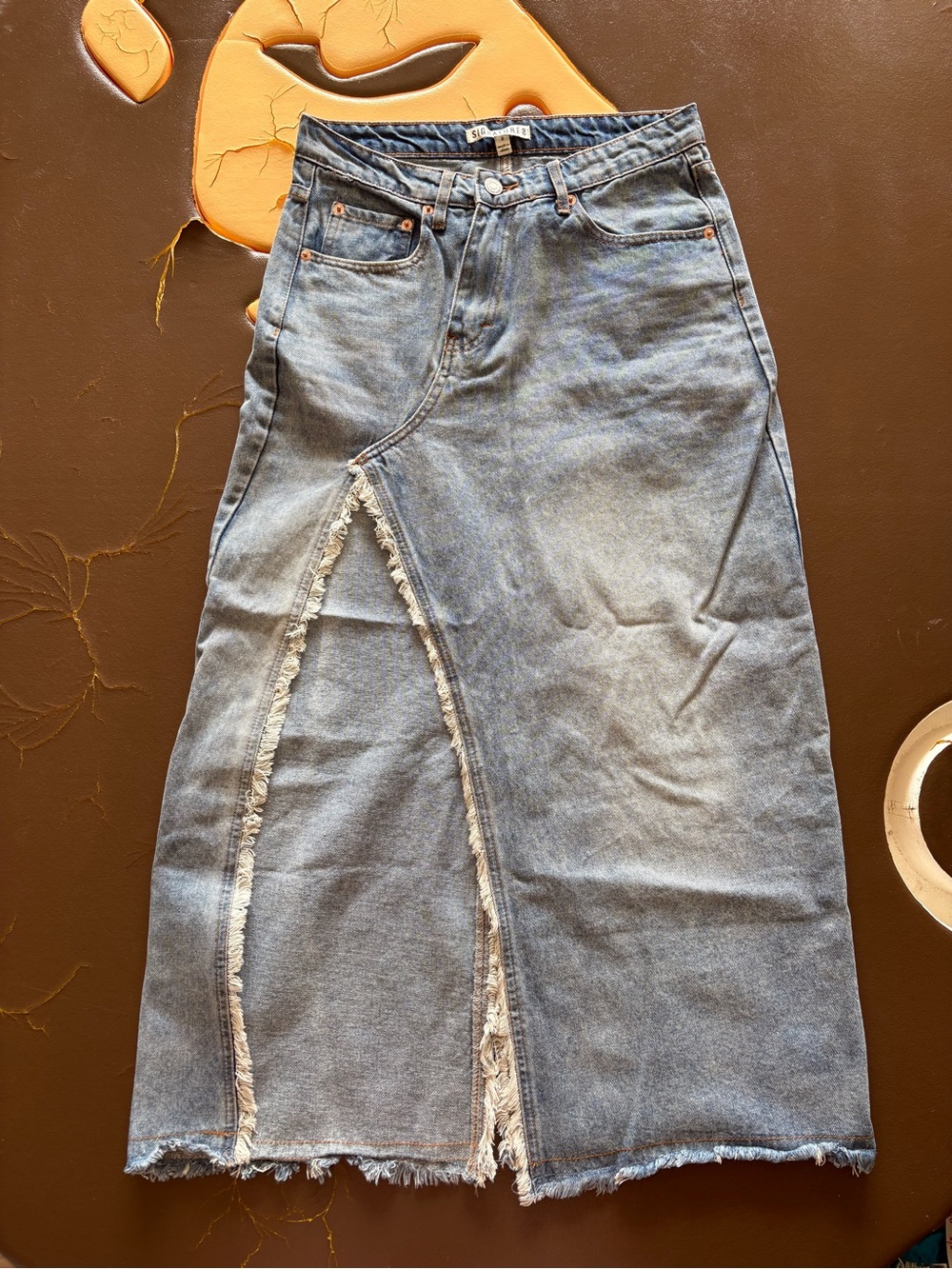 Signature8 Light Blue Denim Maxi Skirt with Frayed Front Slit